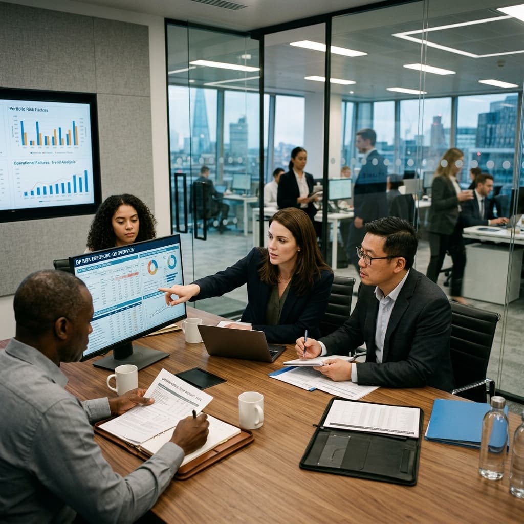 Professionals reviewing financial service operations and risk information in a modern corporate meeting room.