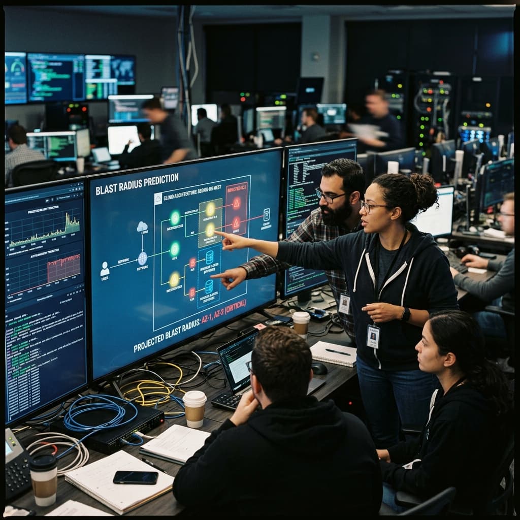 Site reliability engineers assessing blast radius diagrams during a chaos engineering experiment.
