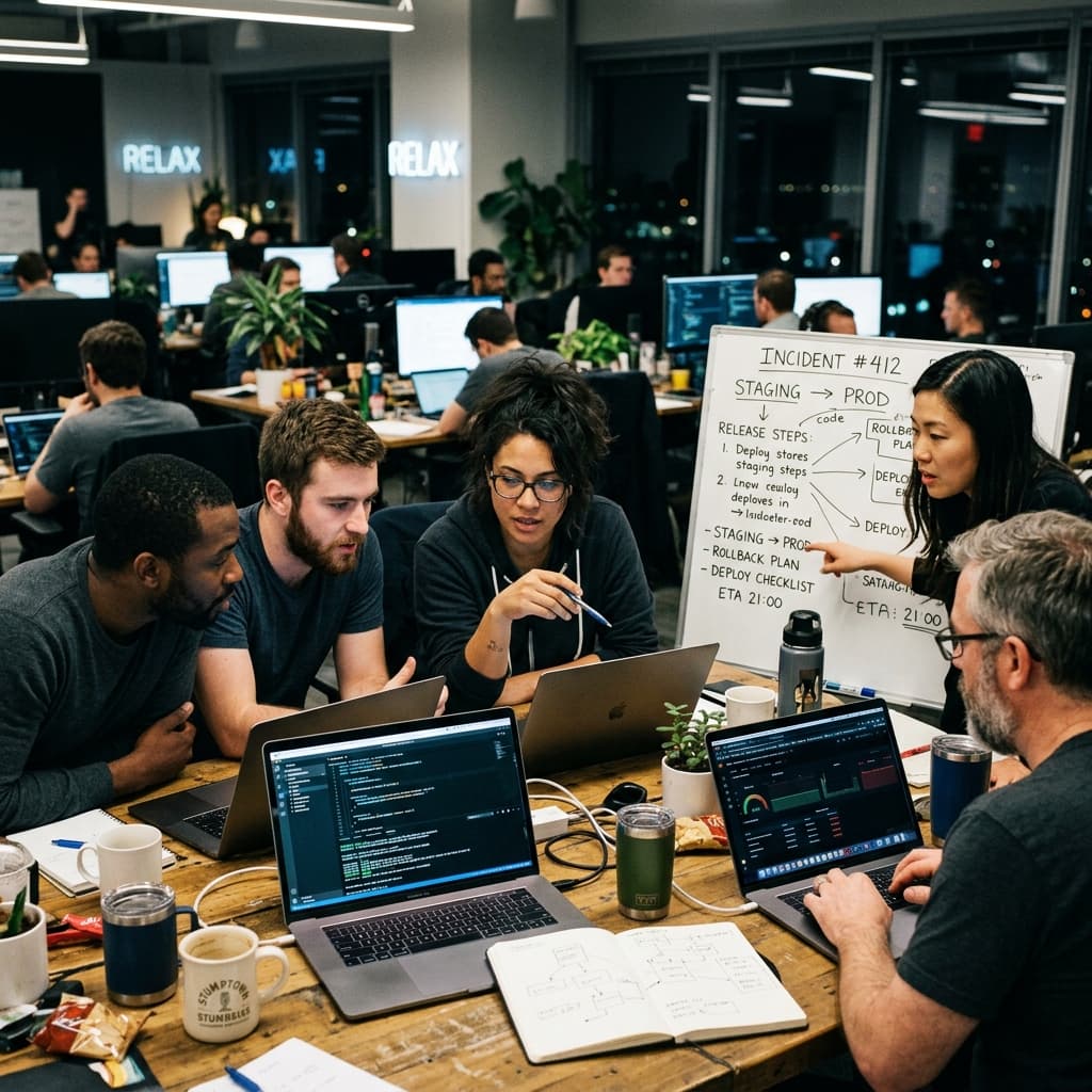 An engineering team collaborating around laptops during a release planning session.