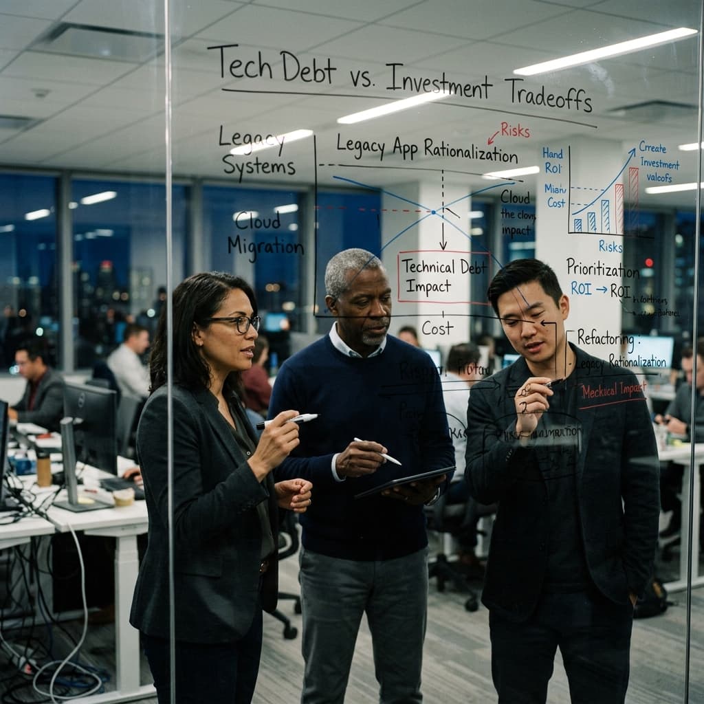 Corporate IT leaders reviewing a technology debt and investment tradeoffs diagram on a glass wall in a modern office.