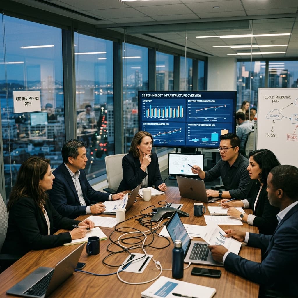 CIO leadership team collaborating at a conference table during a technology operating review.
