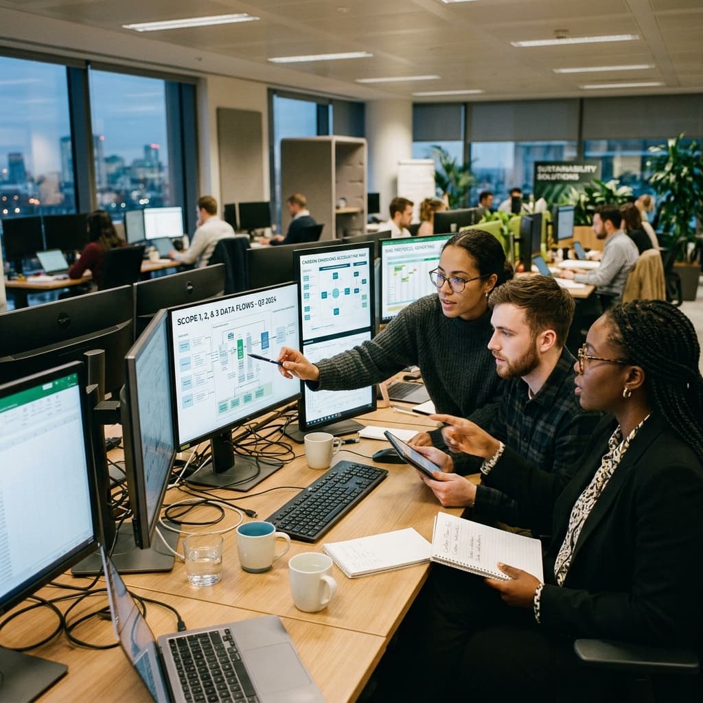 Corporate sustainability analysts reviewing carbon accounting data flow diagrams on multiple monitors.