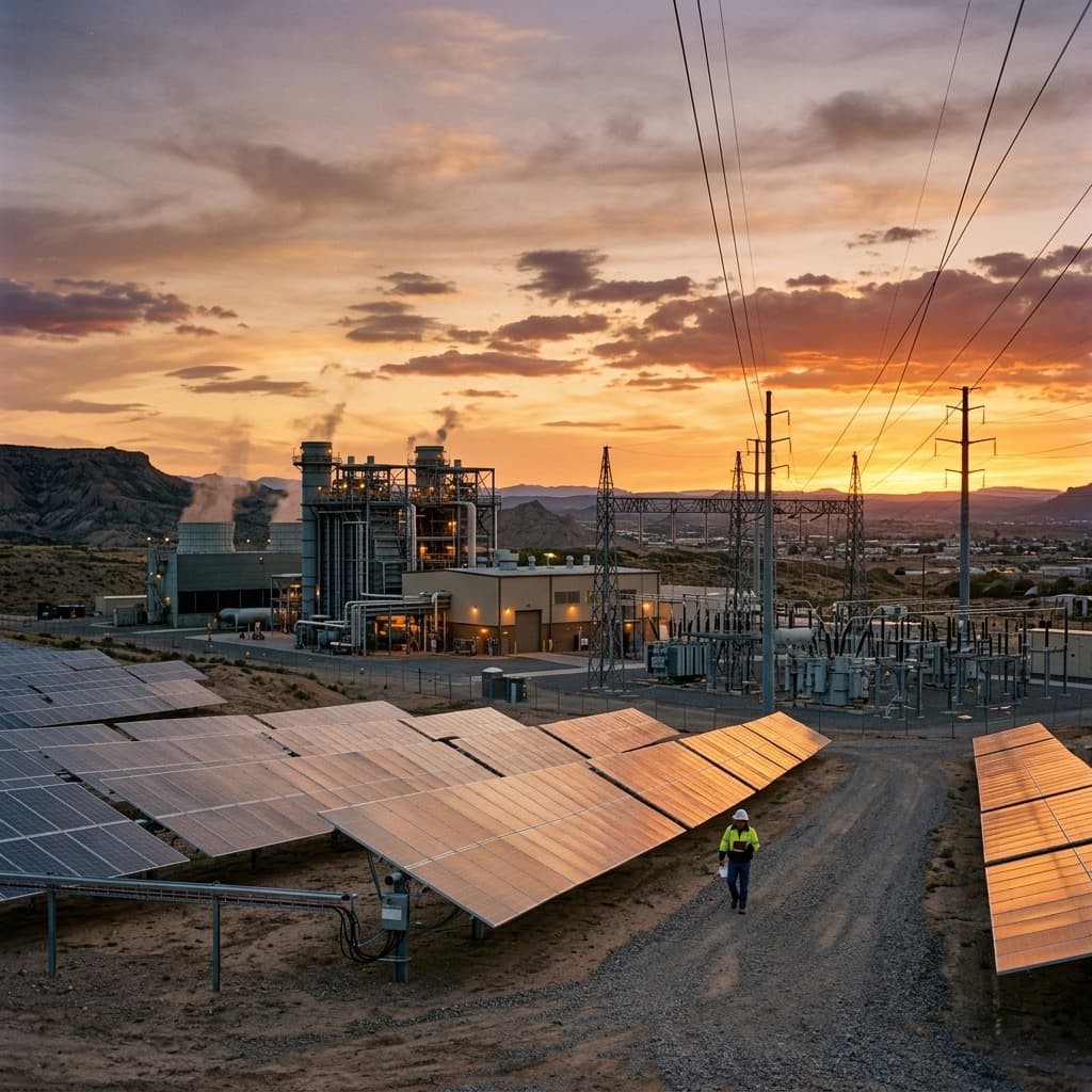 Energy infrastructure at sunset featuring large industrial assets, power distribution equipment, and solar panels.