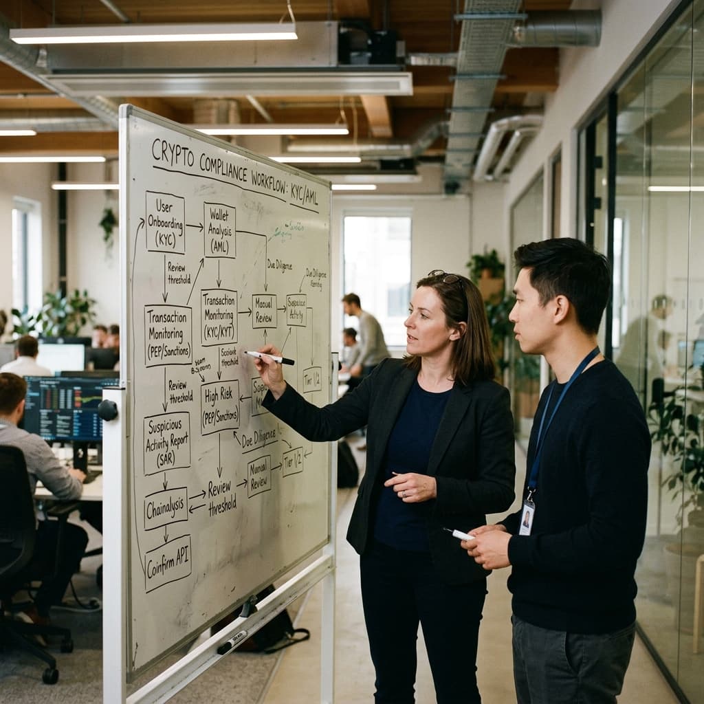 Corporate compliance officers analyzing a cryptocurrency compliance flow diagram on a whiteboard.