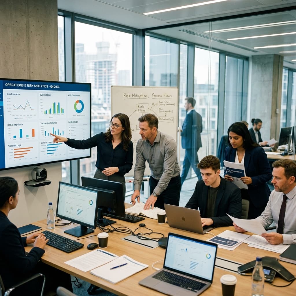 Finance professionals reviewing financial service operations and risk information in a modern corporate meeting room.