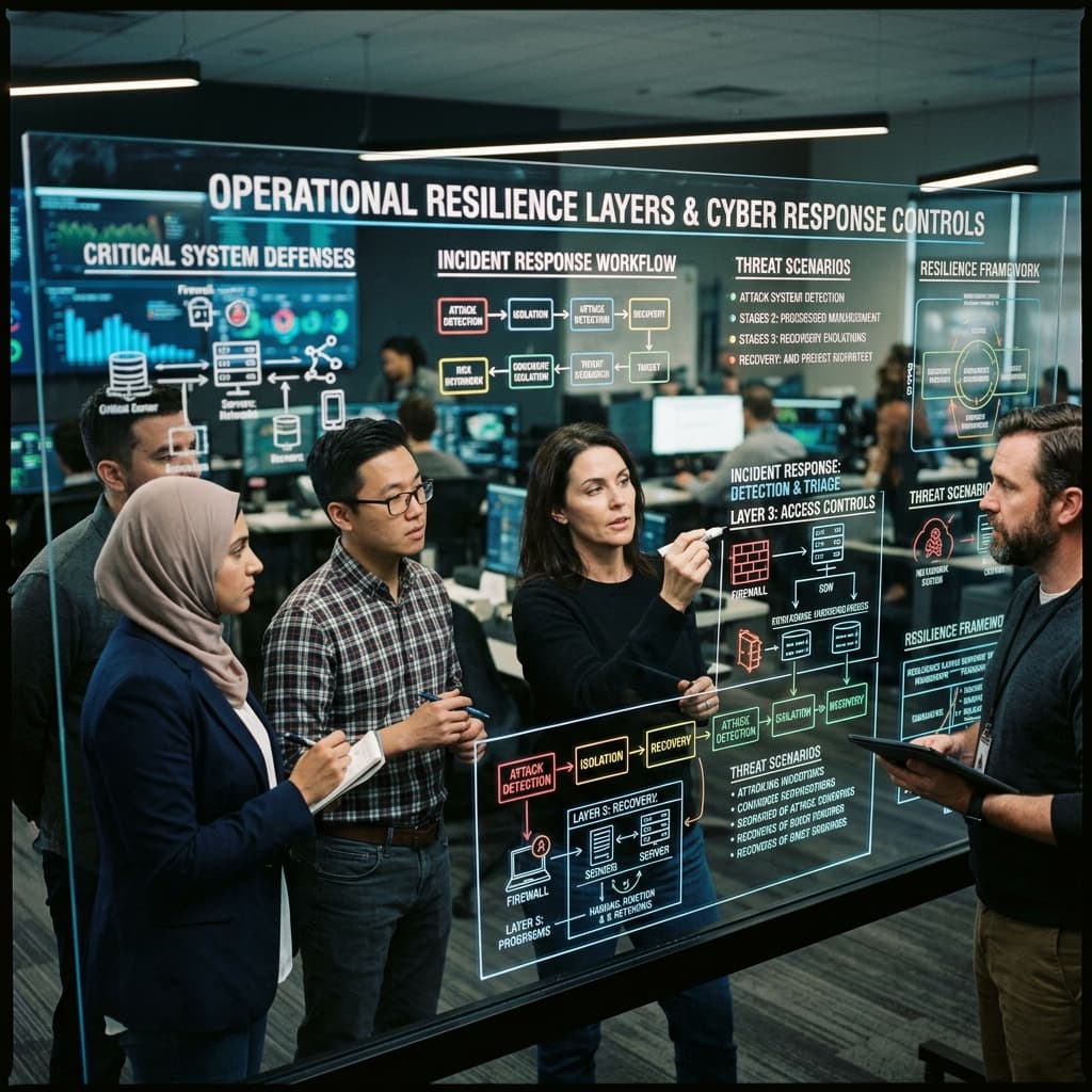 Cybersecurity professionals reviewing operational resilience layers and cyber response controls on a glass board.