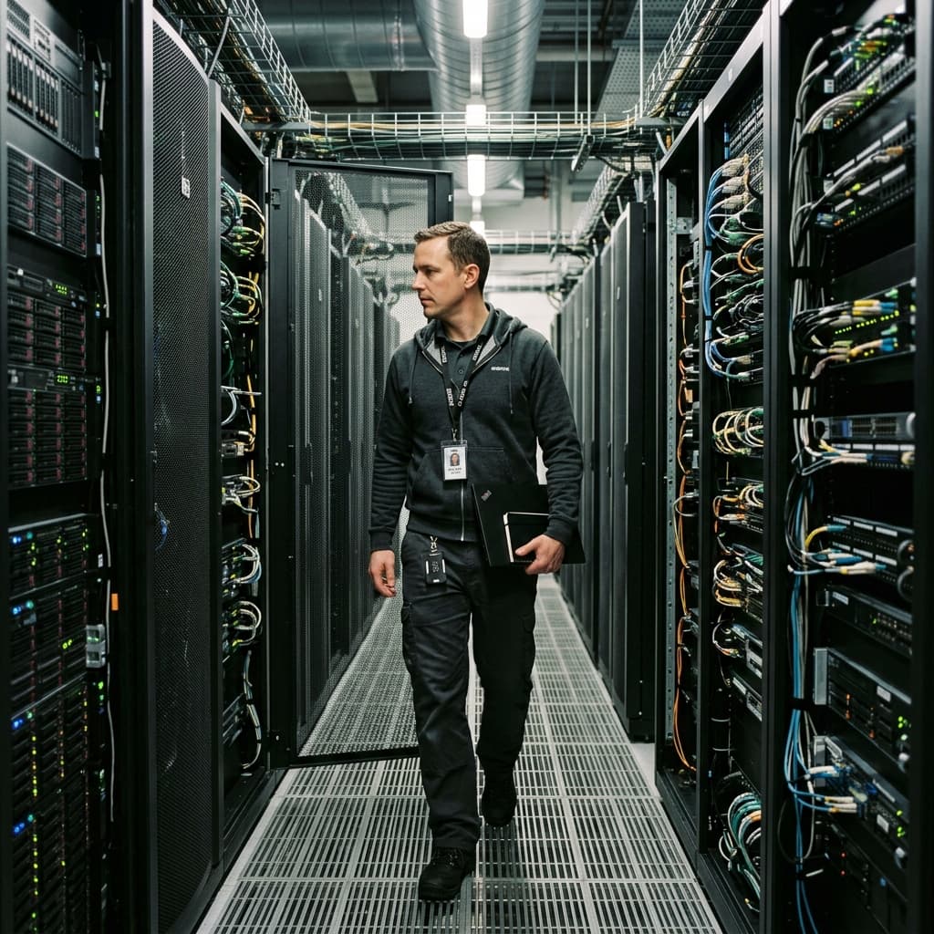 Infrastructure security engineer walking through a data center aisle with rows of production servers.