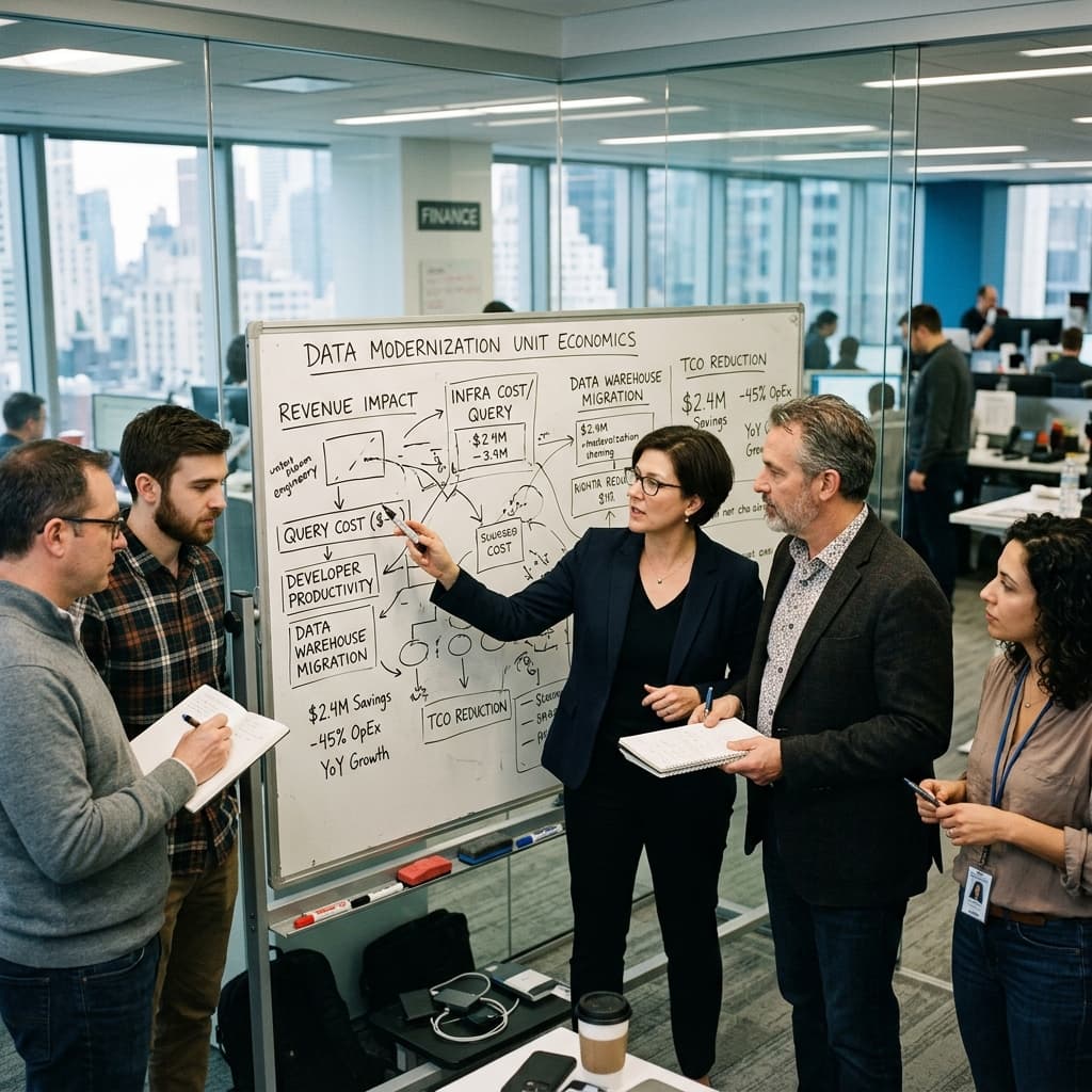 Corporate finance and engineering leaders reviewing a data modernization unit economics diagram on a whiteboard.