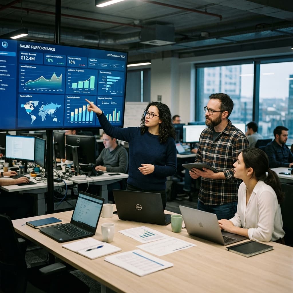 Data analysts reviewing business dashboards and performance metric visualizations on large displays.