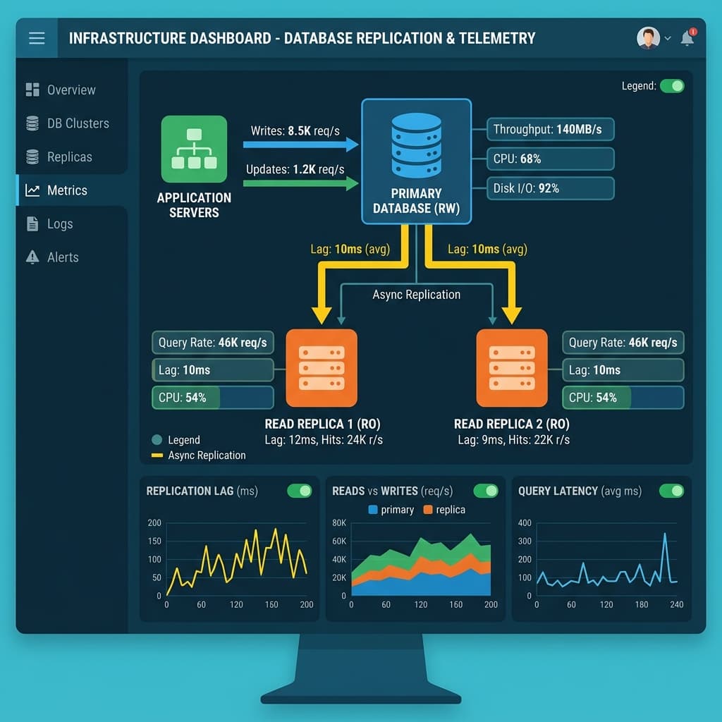 Database architecture diagram interface showing primary database replicating to read replicas with measurement telemetry