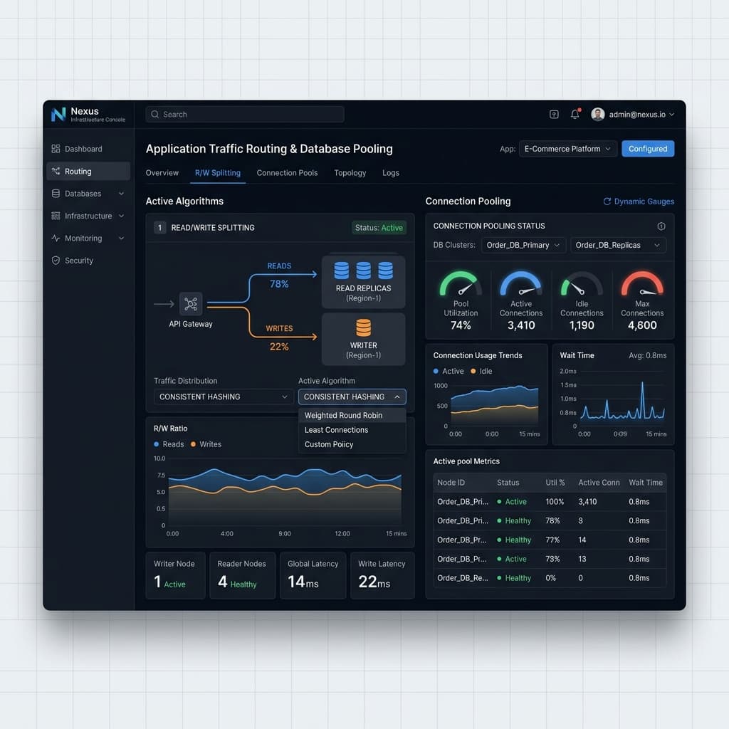 Application traffic routing dashboard showing read write splitting algorithms and connection pooling