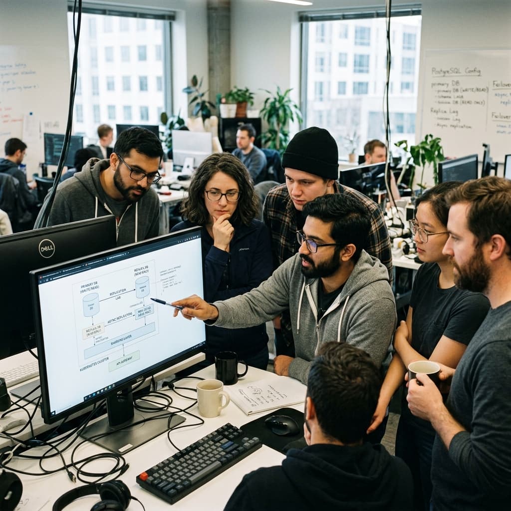 Backend engineers reviewing primary and read replica database architectures.