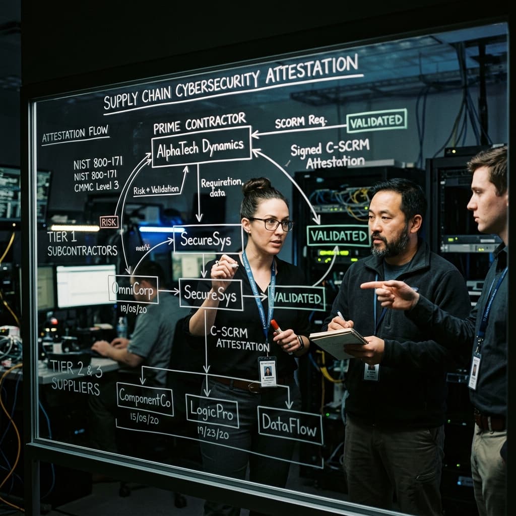 Defense contractors analyzing a supply chain cybersecurity attestation diagram on a transparent board in a secure facility.