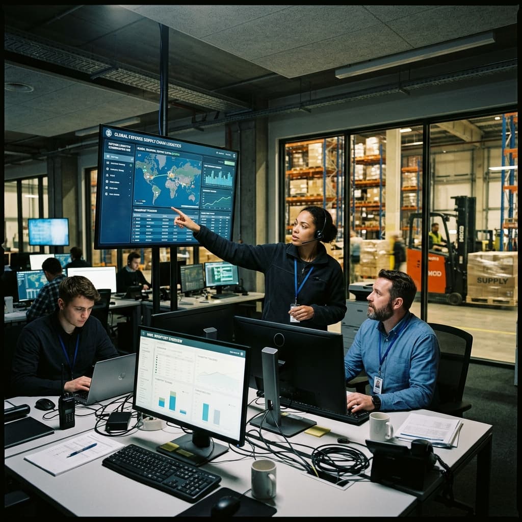 Operations staff coordinating warehouse and defense supply chain activity from a logistics floor.