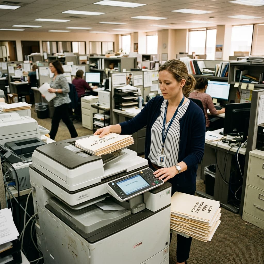 An office worker scanning physical loan documents into the intelligence pipeline.