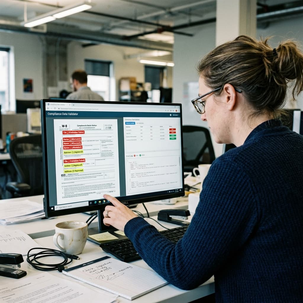 A compliance reviewer examining scanned documents and validation warnings on a monitor.