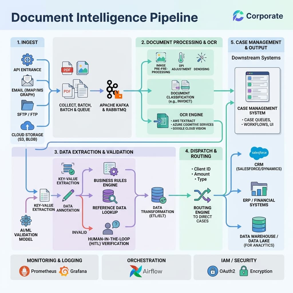 Document intelligence pipeline from ingest through OCR extract validate and route to case