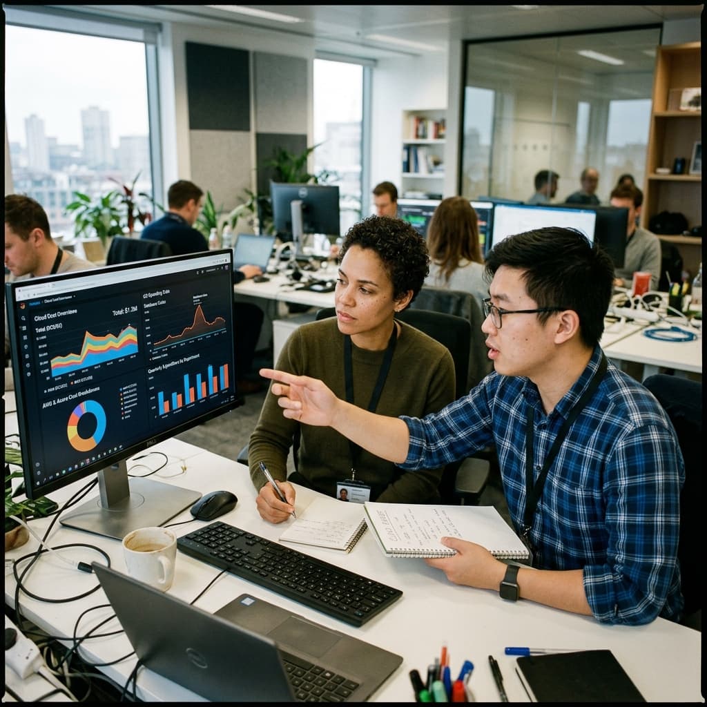 Data analysts reviewing cloud compute spend and database economics on a monitor.