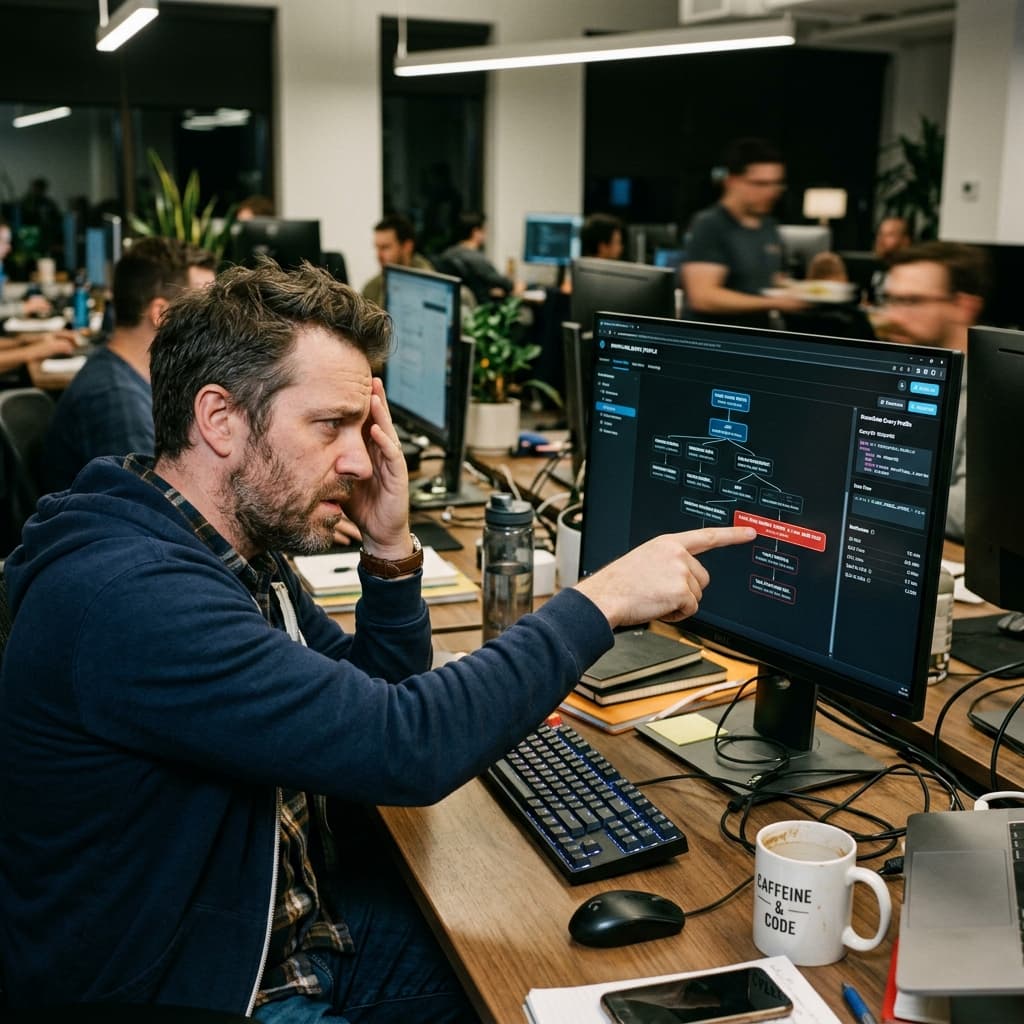 A data engineer analyzing a slow warehouse query execution plan on a monitor.