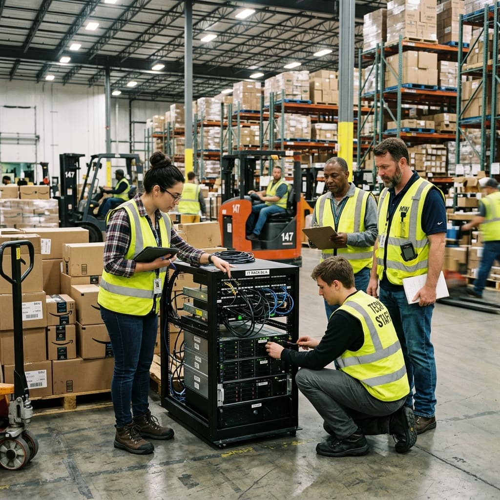 Logistics and IT staff inspecting a small edge server rack in a distribution warehouse.