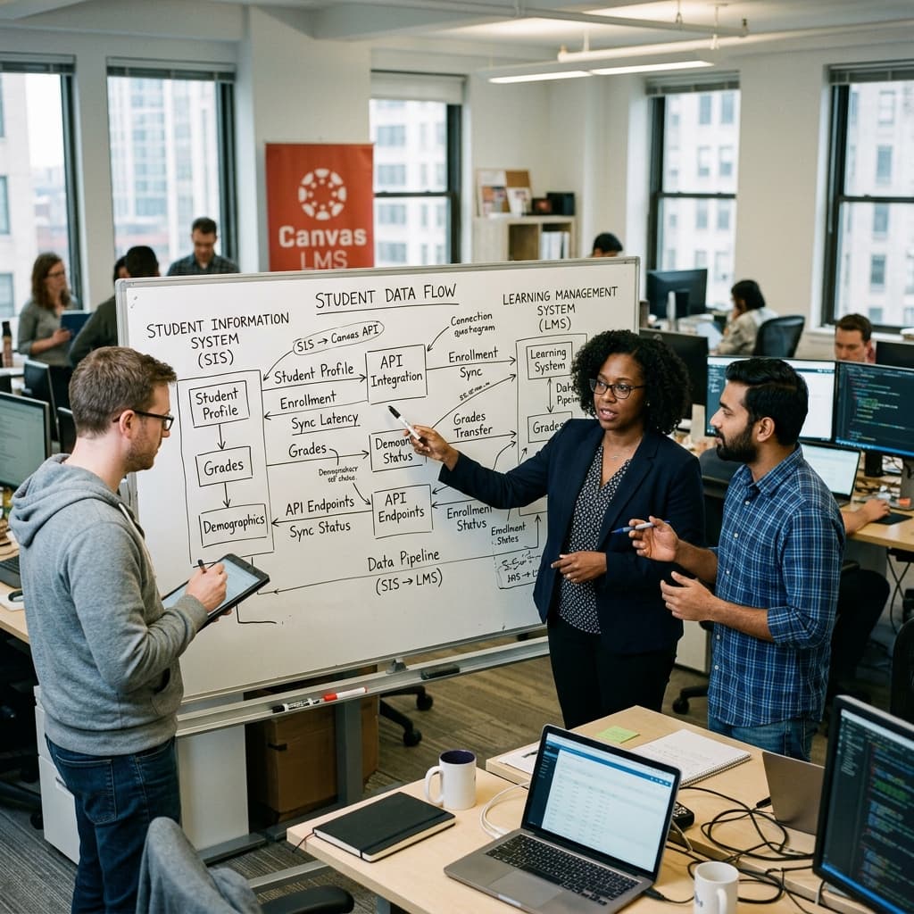 Education technology professionals reviewing a diagram of student data between SIS and LMS systems on a whiteboard.