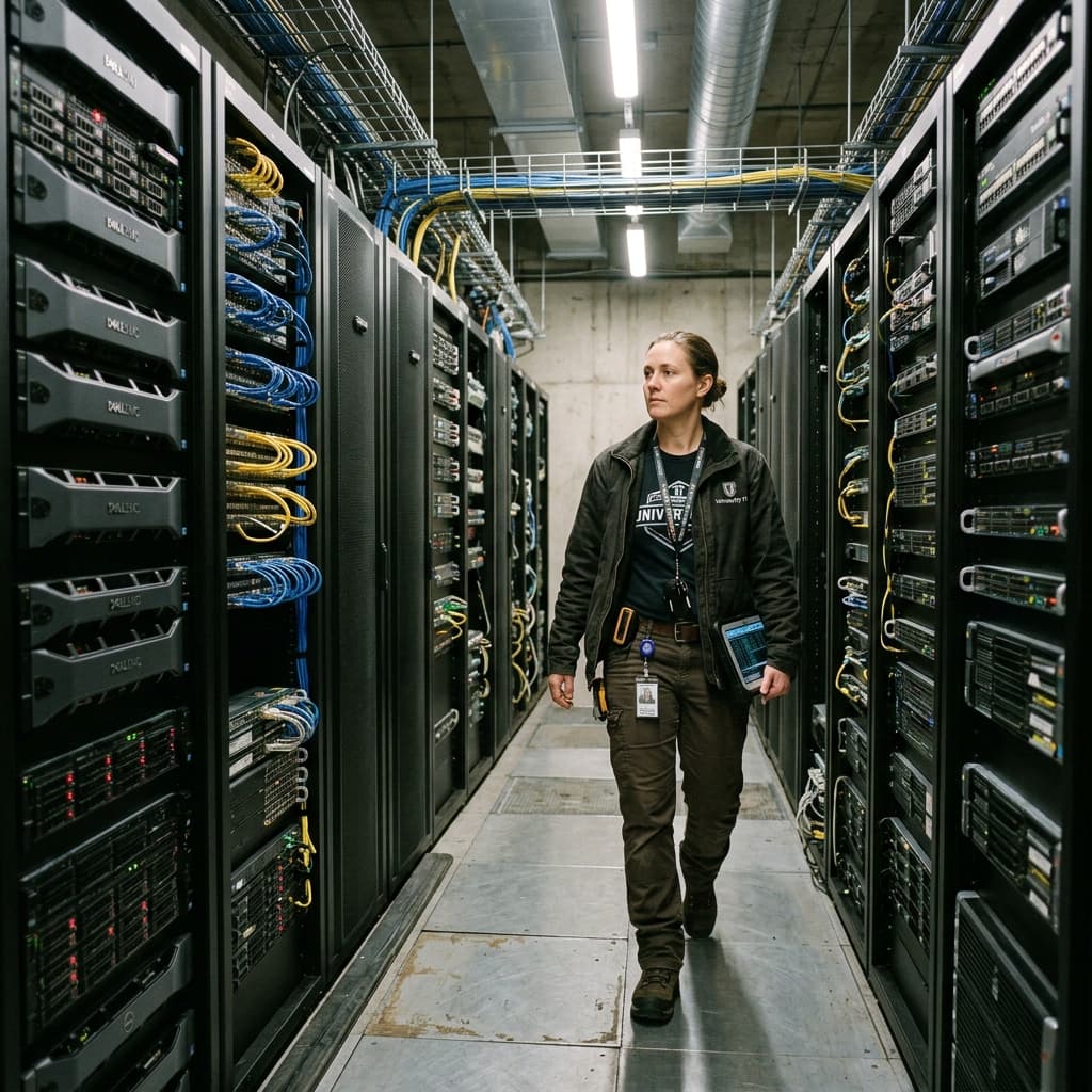 An infrastructure engineer walking through a higher education data center aisle with rows of production servers.