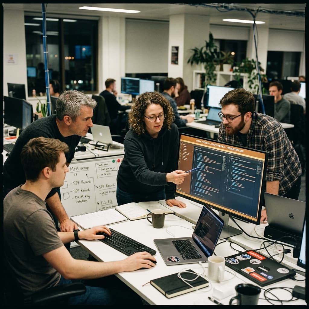 Security engineers reviewing email authentication configurations.