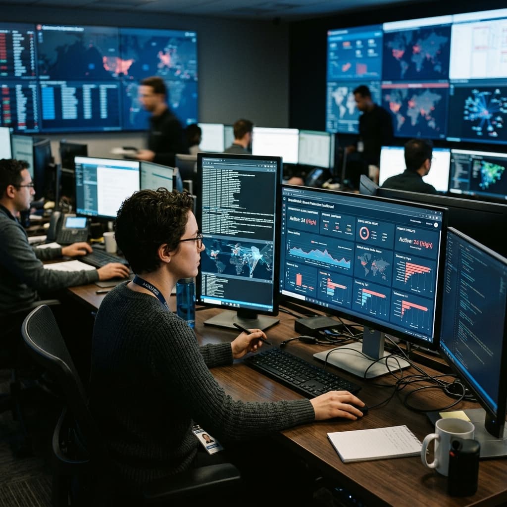A cybersecurity analyst reviewing brand protection data on an operations center screen.