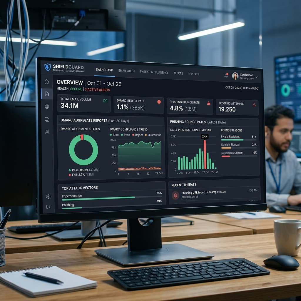 Brand protection security dashboard showing DMARC aggregate reports and phishing bounce rates