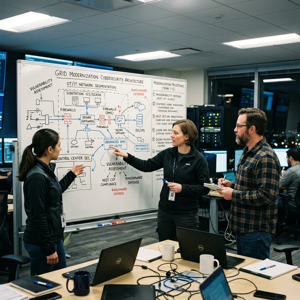 Energy utility security engineers analyzing an energy grid modernization cybersecurity diagram on a whiteboard.