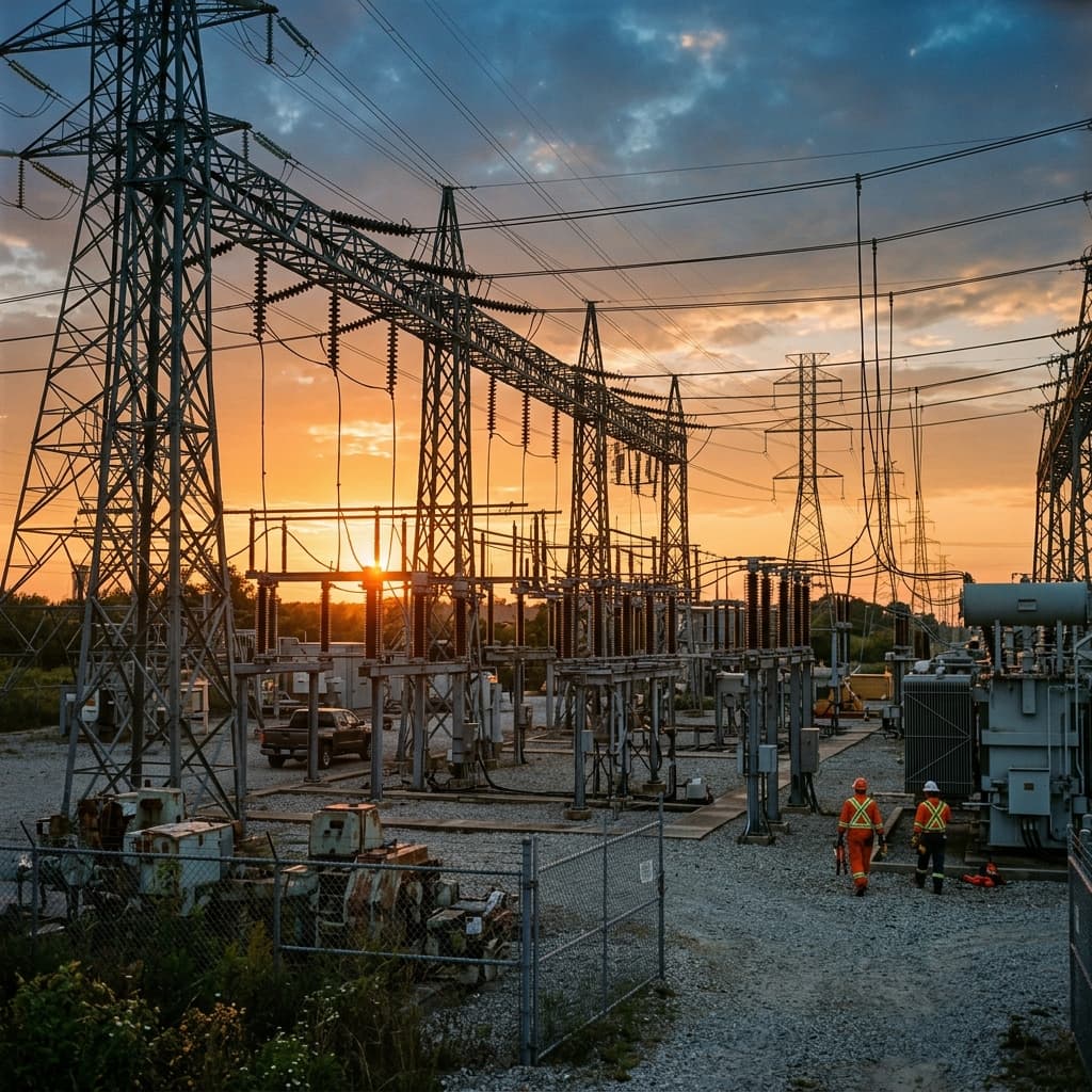 Energy grid and power distribution equipment at sunset with large industrial assets.