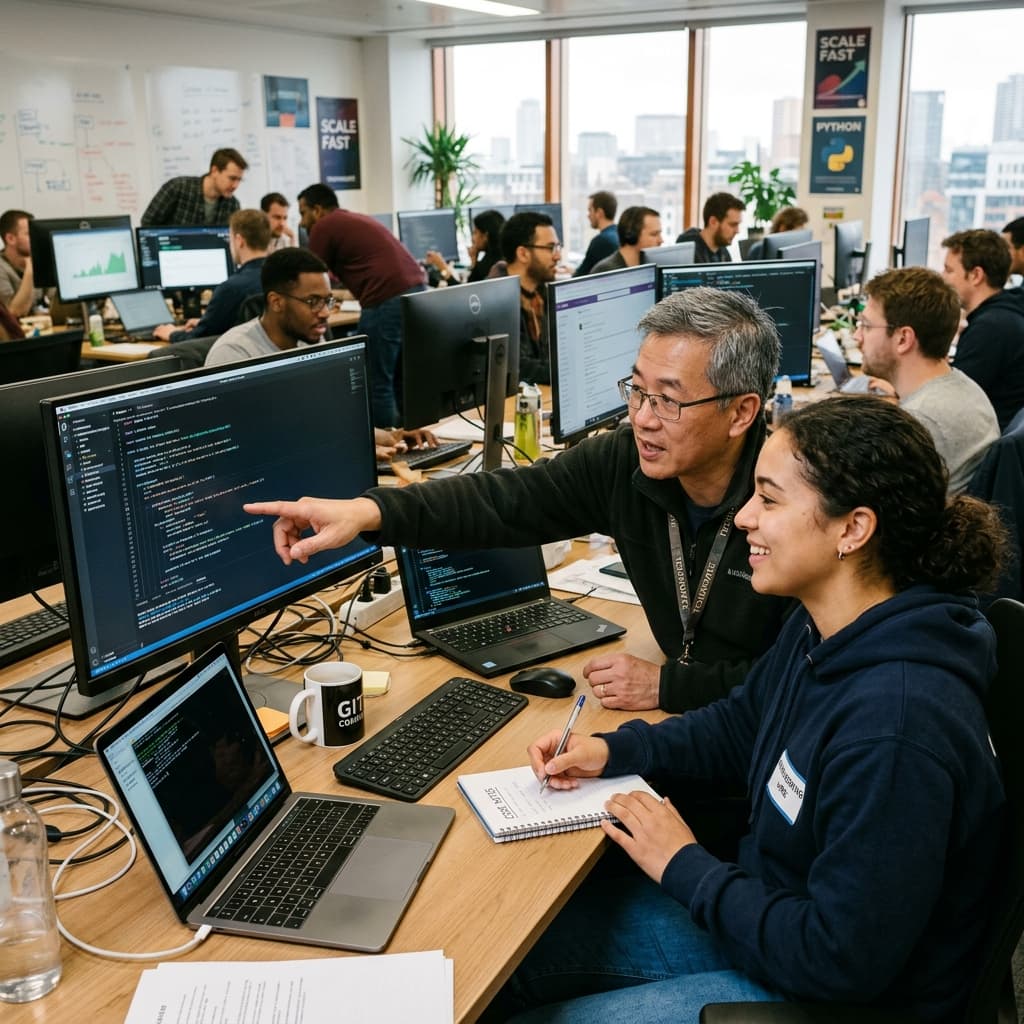 An experienced engineer mentoring a new hire during onboarding.