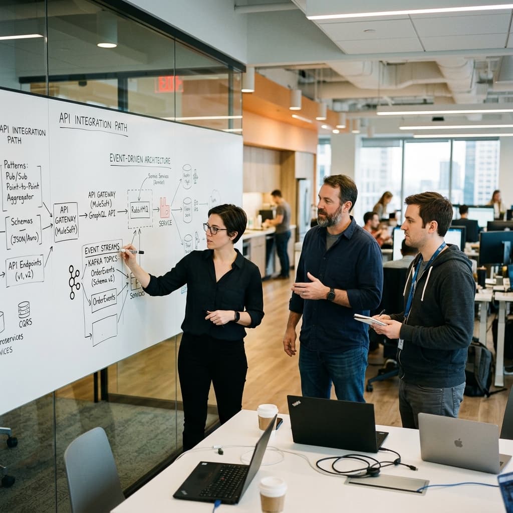 Integration architects looking at an enterprise integration patterns diagram detailing APIs and event streams on a whiteboard.