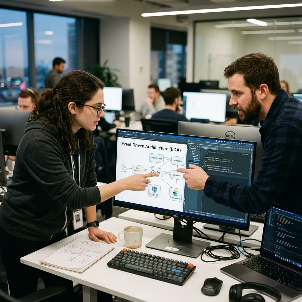 Backend engineers examining event-driven architecture and contract tests.