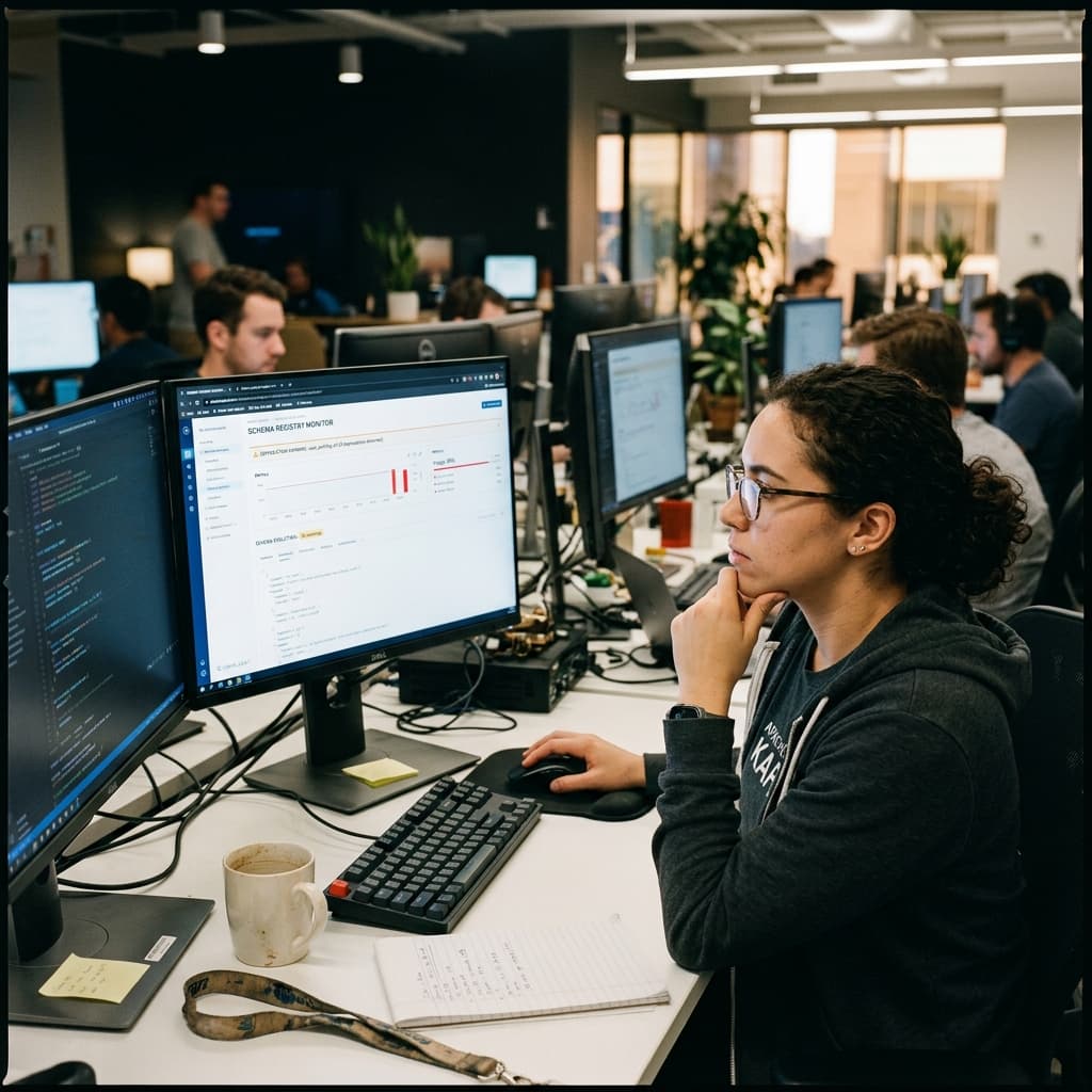 A data engineer reviewing schema compatibility warnings and topic deprecation metrics.