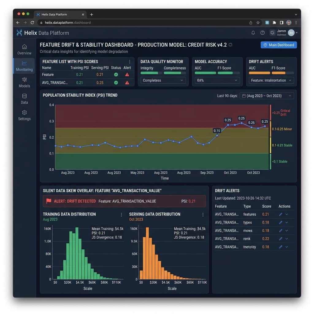 Machine learning feature drift dashboard visualization capturing population stability index shift and silent data skew overlay