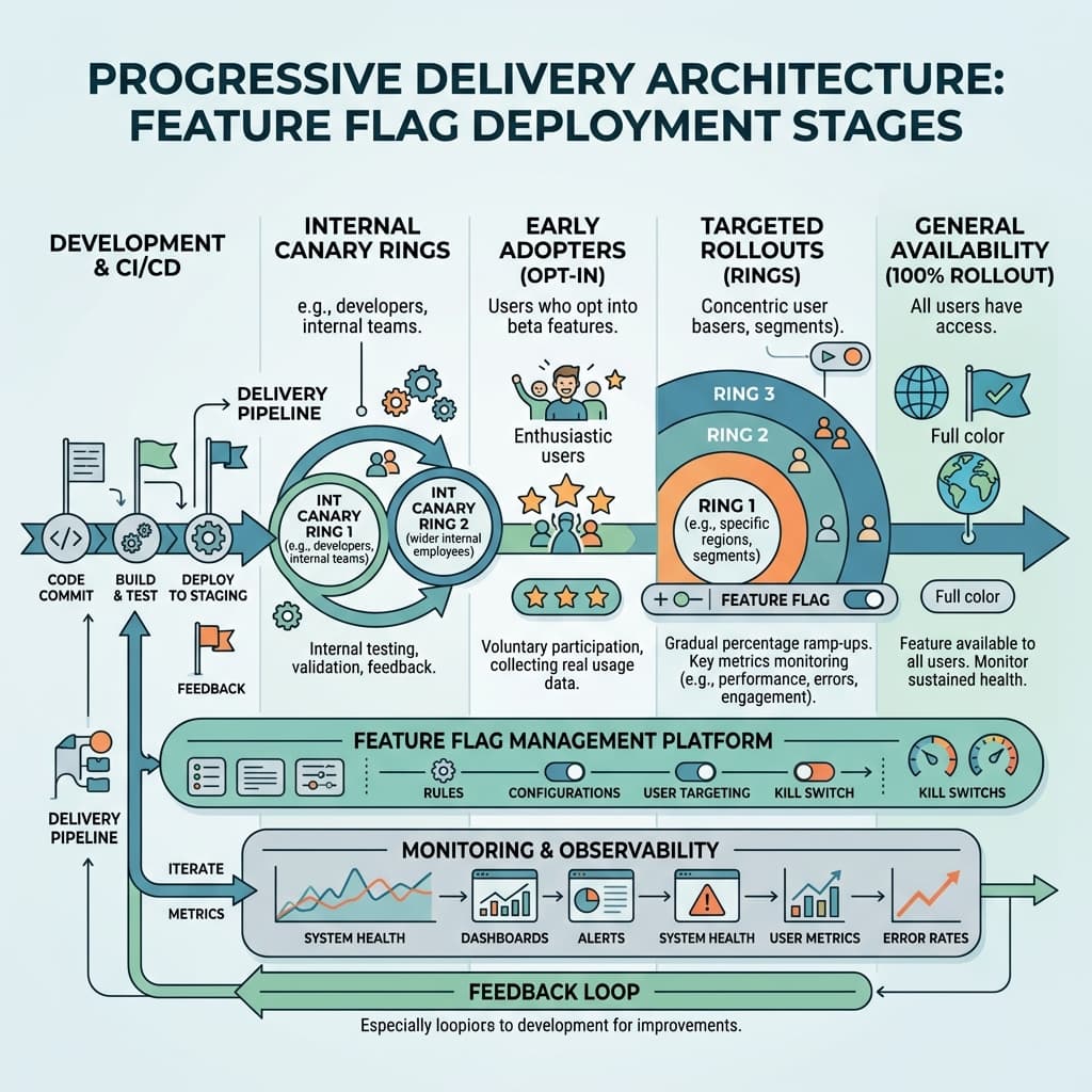 Progressive delivery architecture demonstrating feature flag deployment stages from internal canary rings to general availability