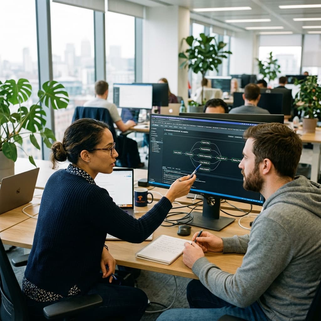 Professionals reviewing data architecture diagram mapping offline model training pipelines diverging from real time online serving inference paths.