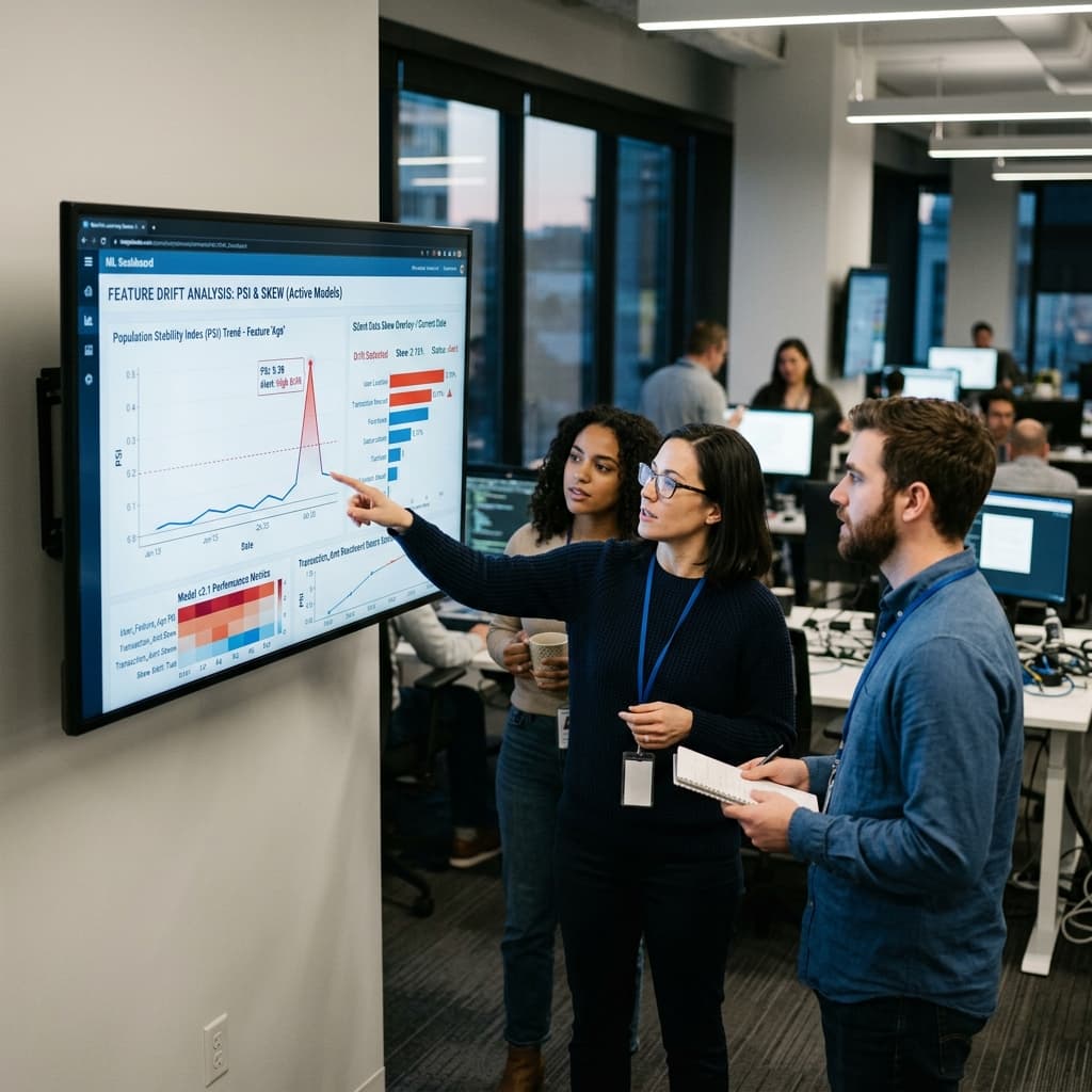 Professionals discussing machine learning feature drift dashboard visualization capturing population stability index shift and silent data skew overlay.