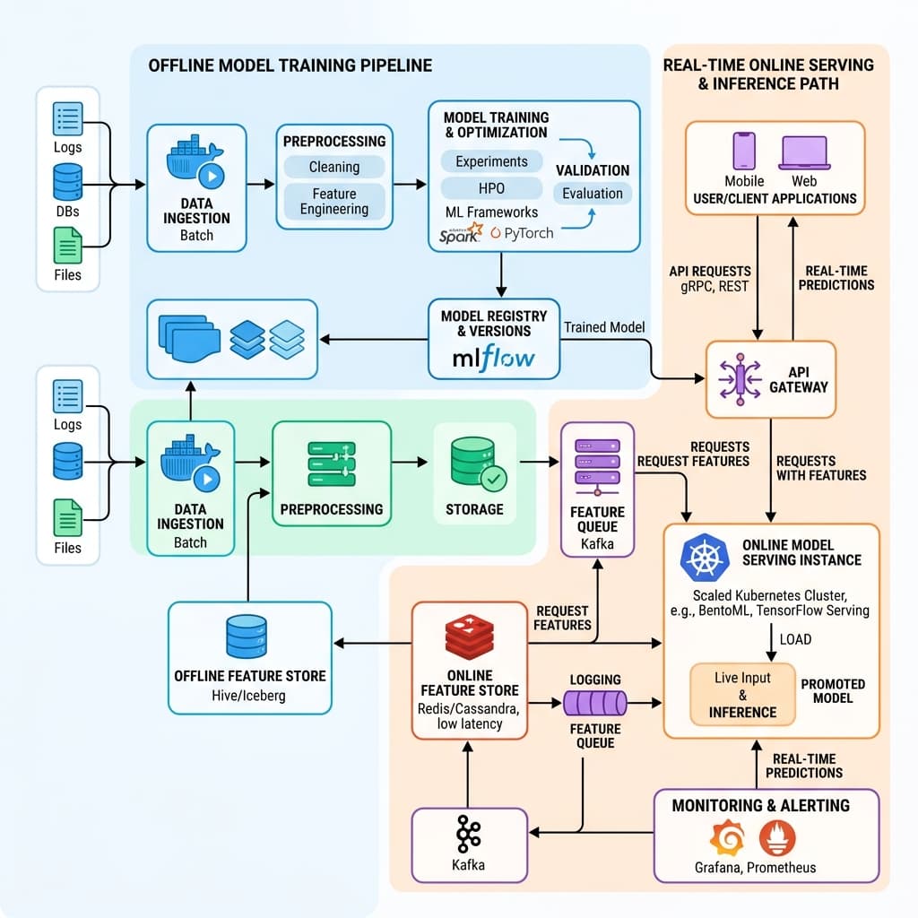 Data architecture diagram mapping offline model training pipelines diverging from real time online serving inference paths