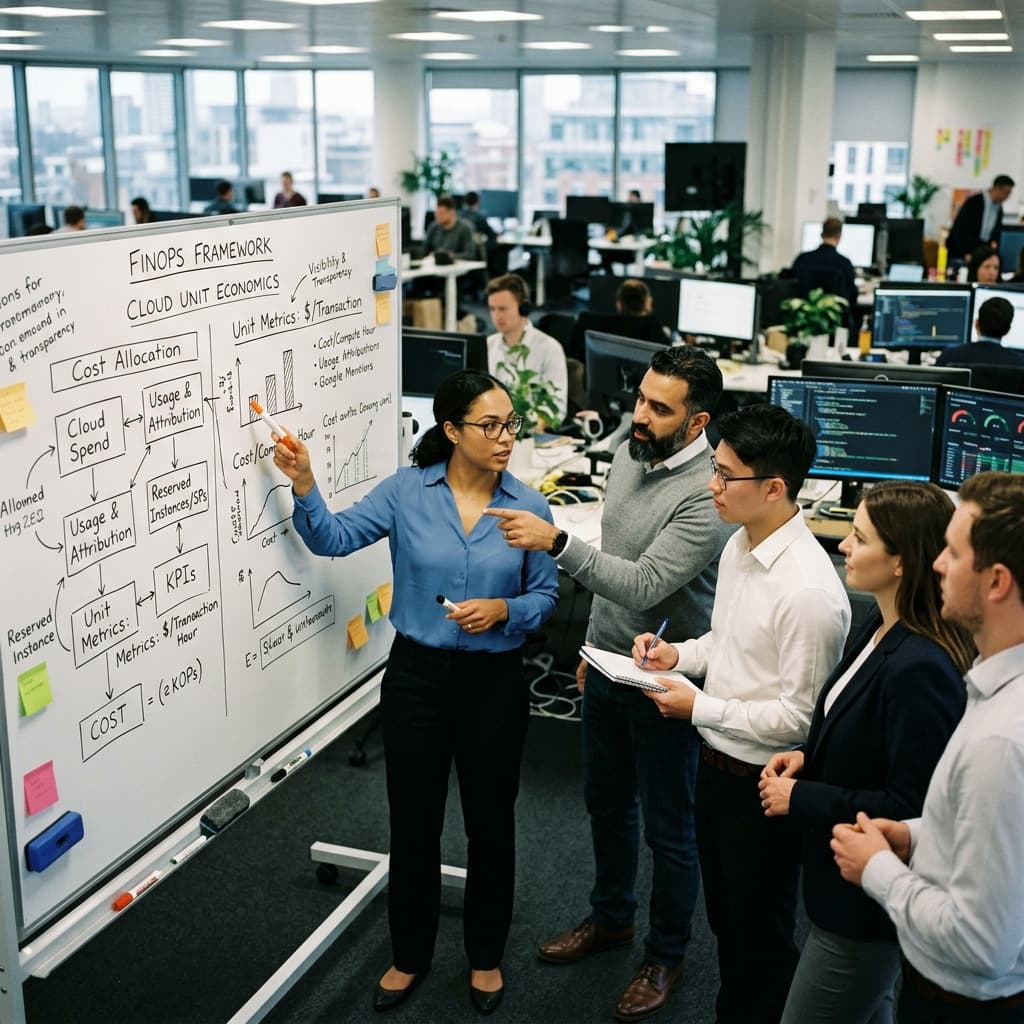 Finance and IT professionals analyzing a FinOps and cloud unit economics framework diagram on a whiteboard.