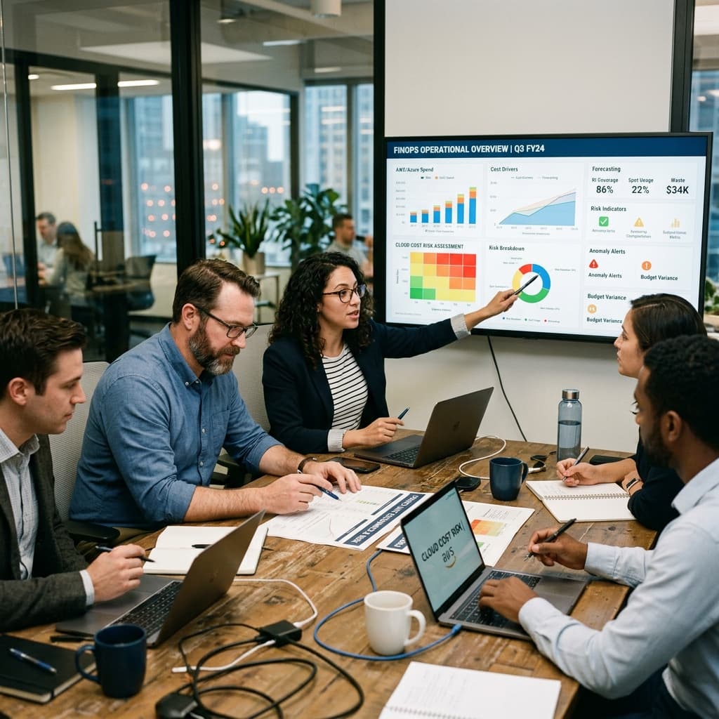 Finance professionals reviewing FinOps operations and cloud cost risk information in a meeting.