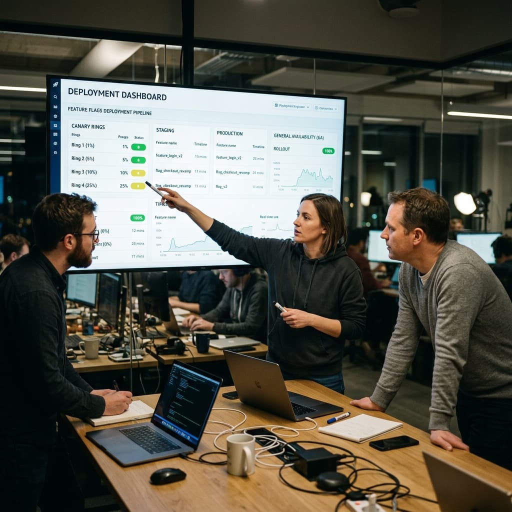 Deployment engineers reviewing feature flag rollout stages.