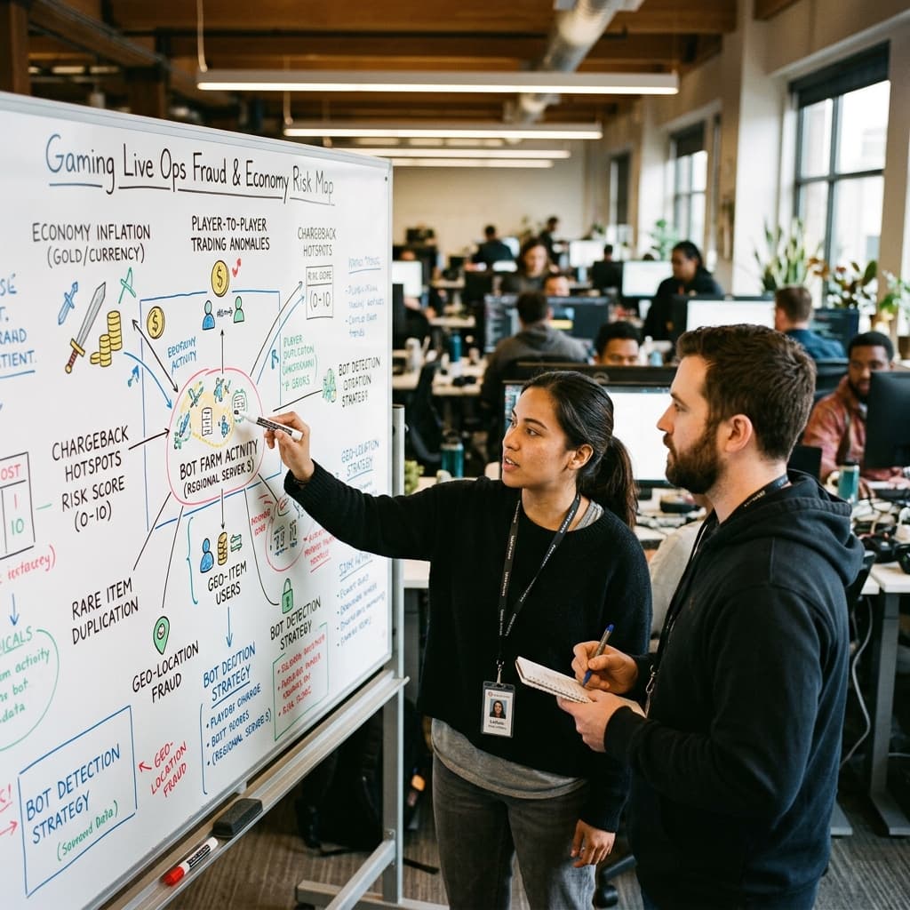 Trust and safety operations analysts looking at a gaming live ops fraud and economy risk map on a whiteboard.