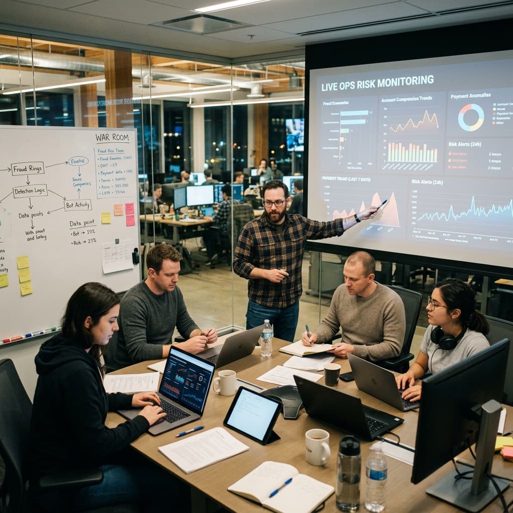 Gaming operations professionals reviewing live ops risk information and fraud economies in a meeting.