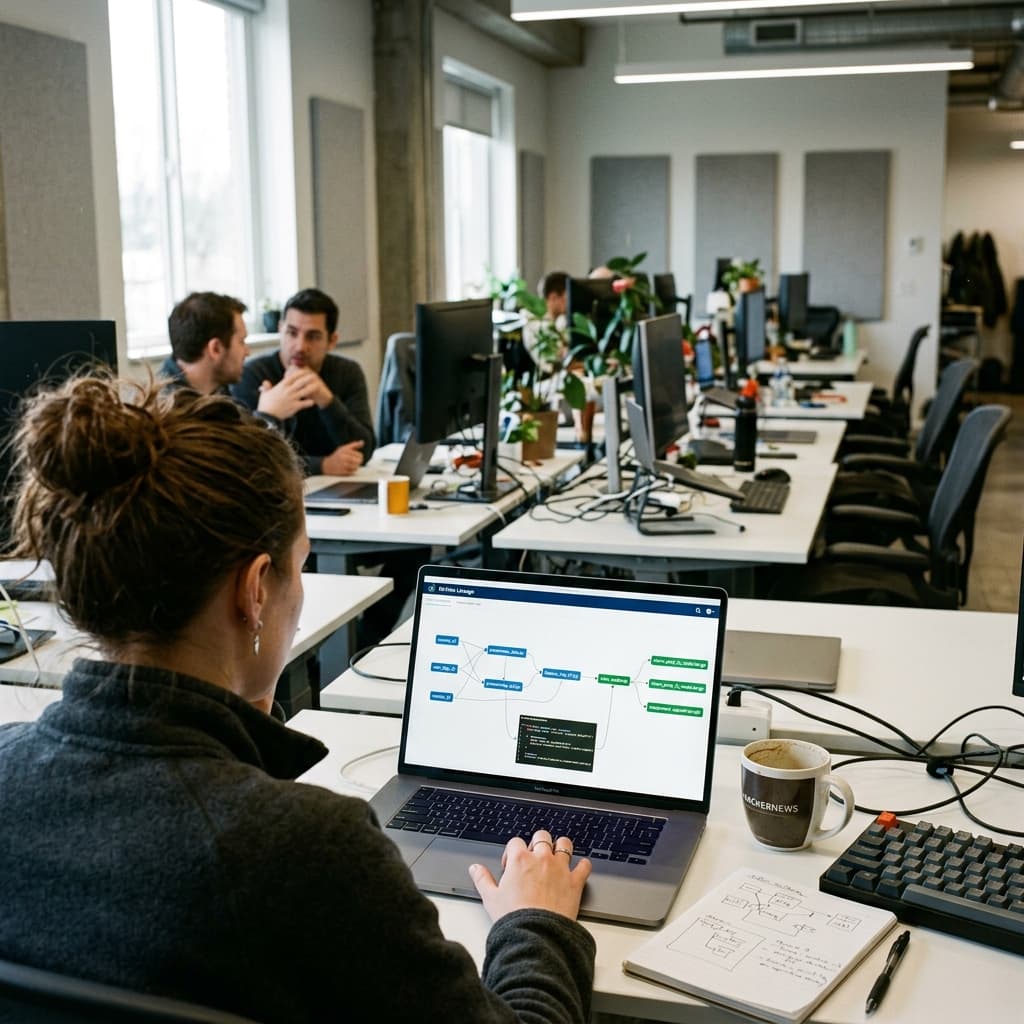A data engineer reviewing machine learning lineage graphs on a laptop.