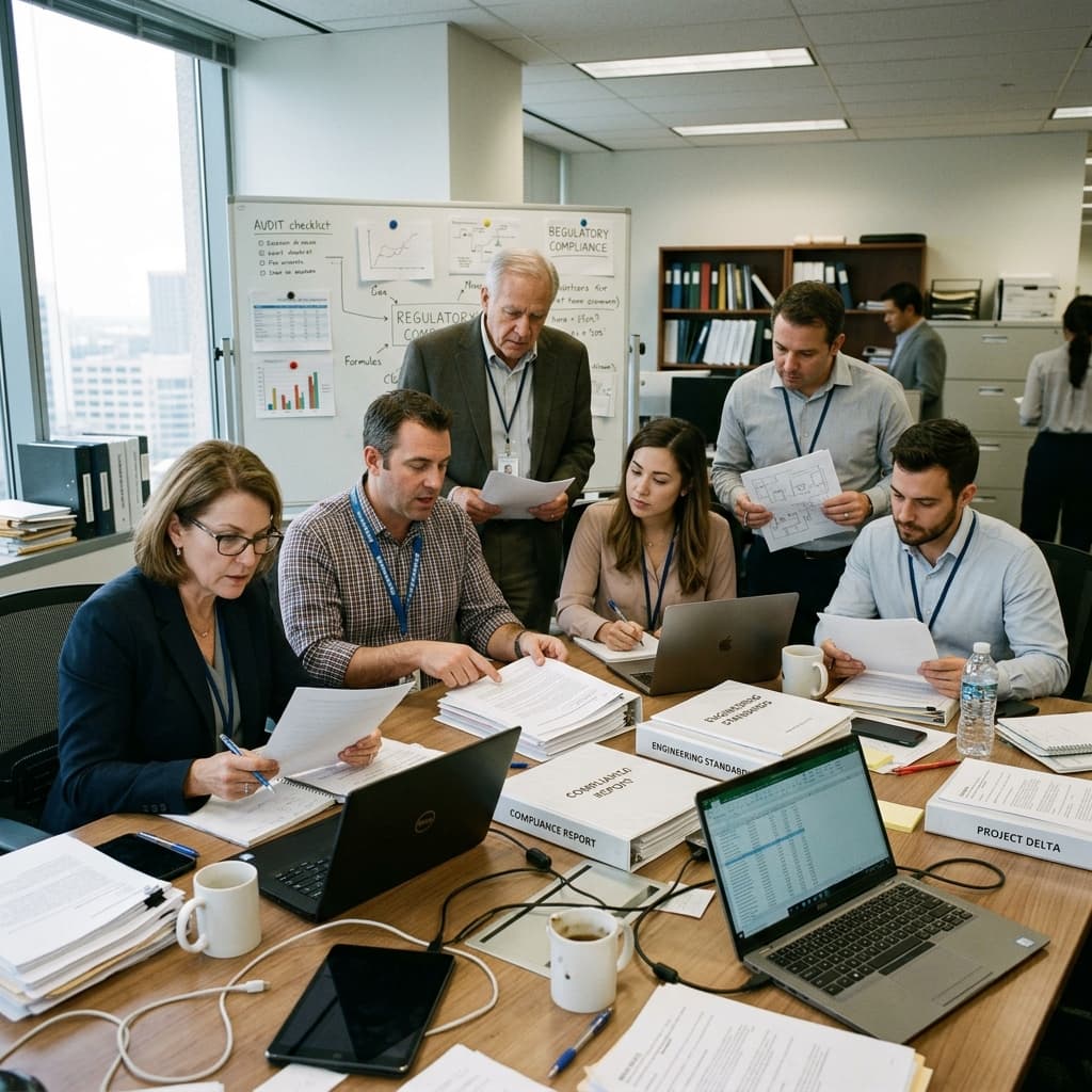 Business professionals and engineers reviewing compliance documentation.