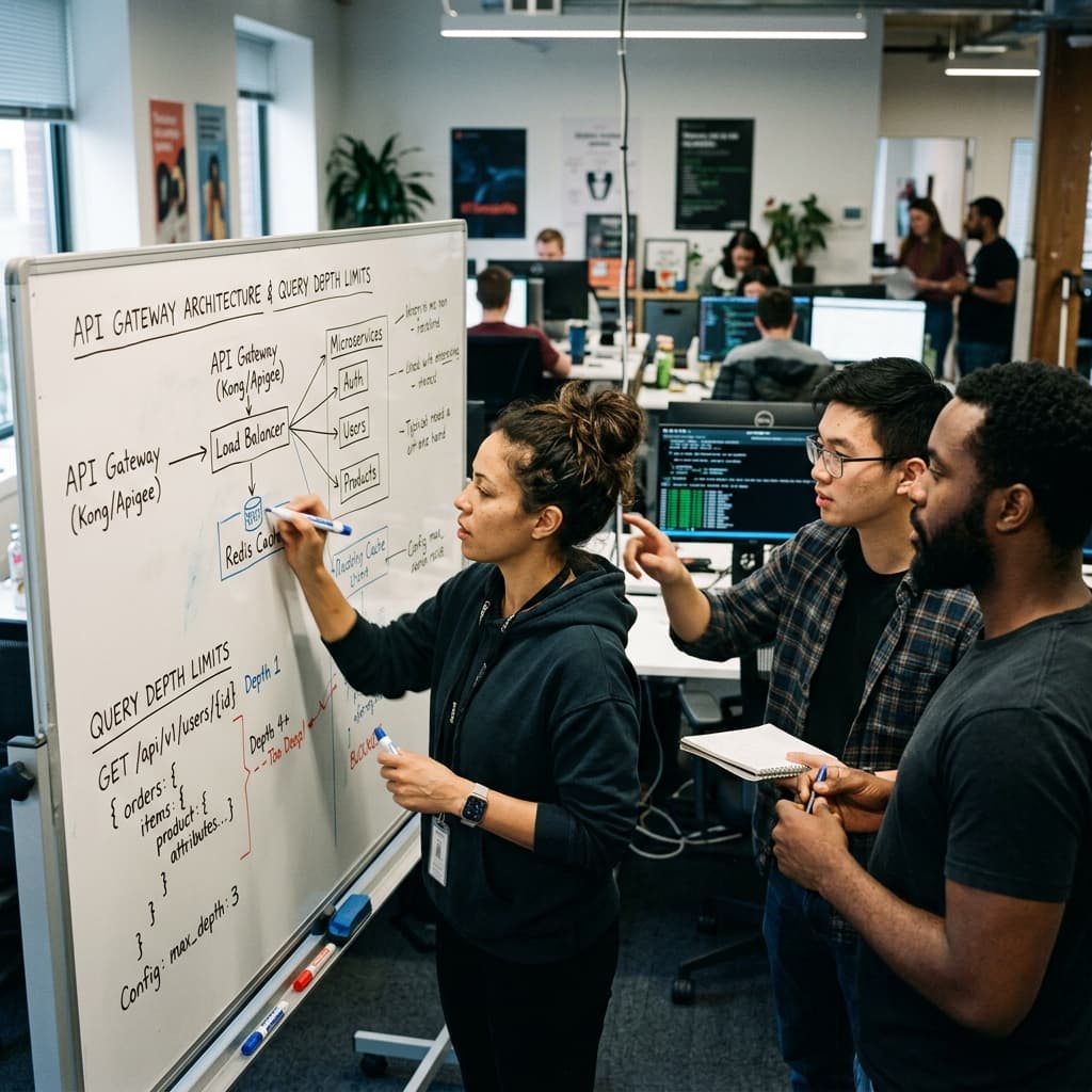 Security engineers analyzing API gateway architecture and query depth limits on a whiteboard.