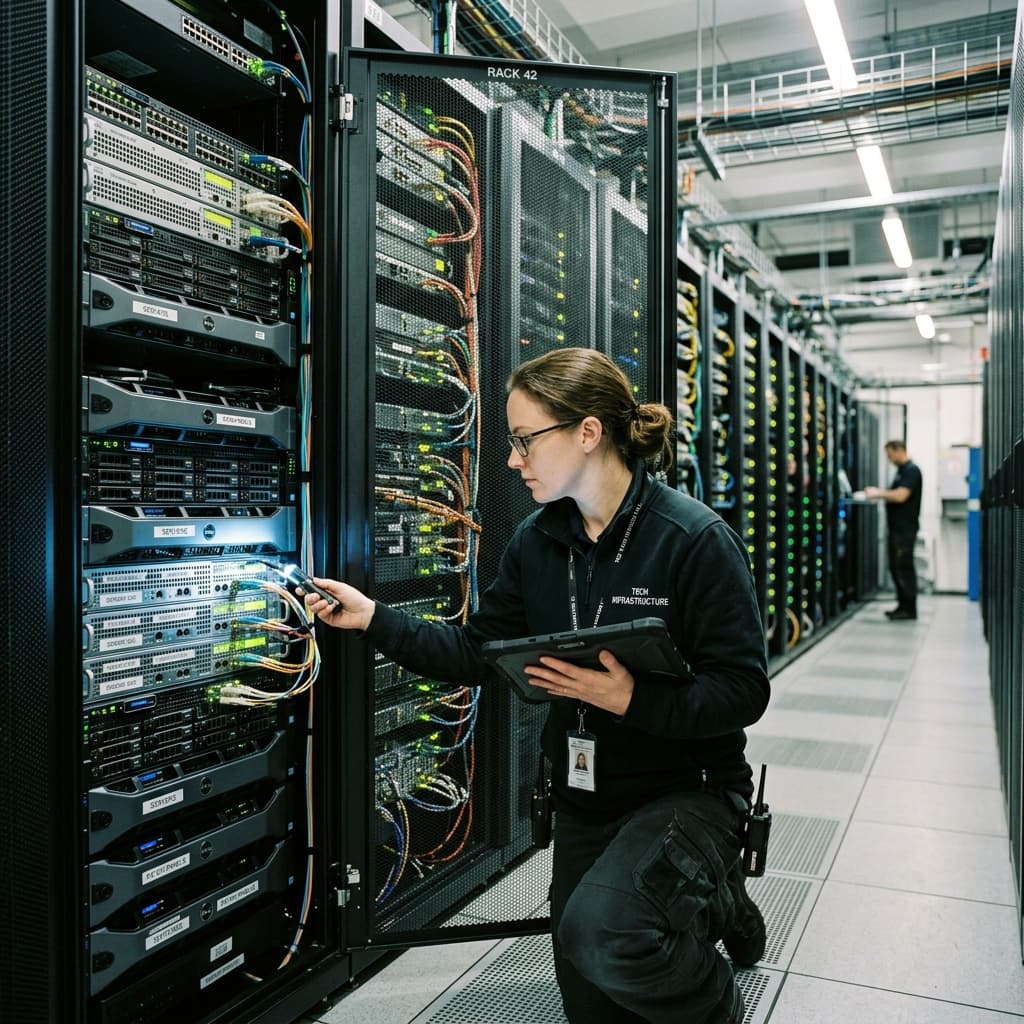 Data center infrastructure engineer inspecting rows of production servers.
