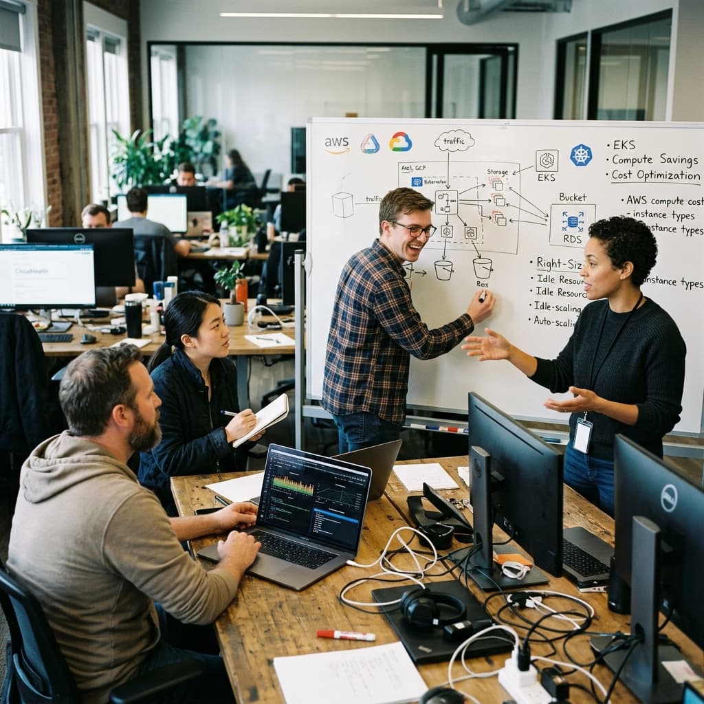 Software engineers brainstorming infrastructure efficiency and right-sized cloud deployments in a modern workspace.